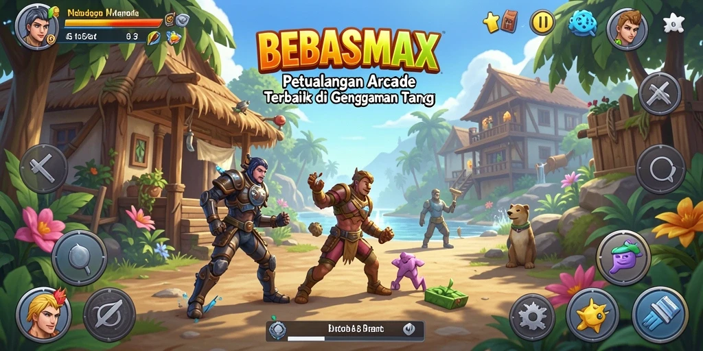 Screen utama BEBASMAX menampilkan aksi seru permainan Arcade.